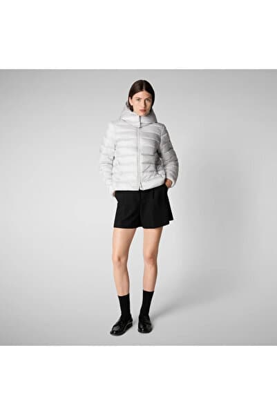 SAVE THE DUCK Liana Kadın Kapüşonlu Şişme Mont, Parlak Kumaş, Kalın, Crop Size Fit, Açık Gri