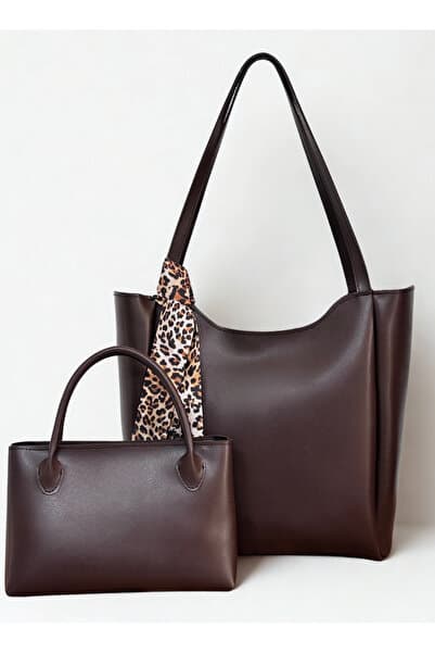 fular & bags Kadın İkili Takım Fularlı Fermuarlı Ve Çıtçıt Kapamalı Kahverengi Shopper El Ve Omuz Çantası