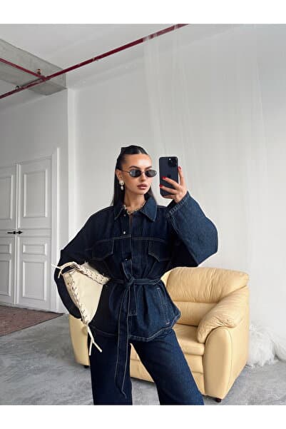 POP STORY Koyu Lacivert Bağlamalı Denim Takım Oversize Ceket ve Yüksek Bel Pantolon