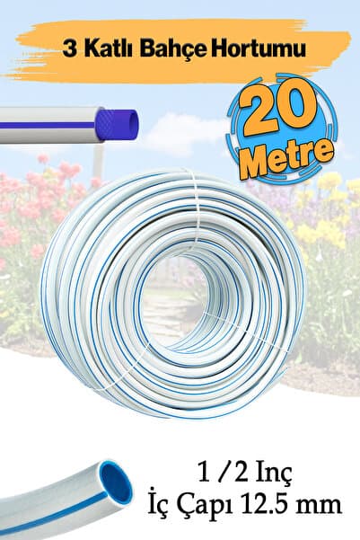 Badem10 Bahçe Hortumu 20 Metre 3 Katlı Kalın Sağlam Çeşme Su Sulama Hortum Araç Araba Yıkama 12.5 mm 1/2"