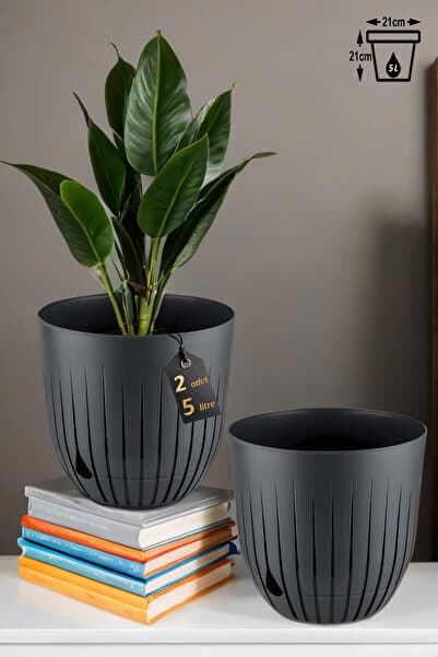 ToXA 2 Adet Çizgi Saksı Seti 5 Litre Plastik Delikli Tabaklı Çiçek Saksısı Set