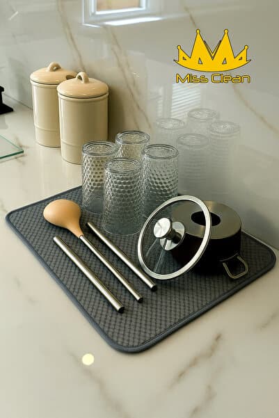 MissClean Gri Renk Mikrofiber Bulaşık Kurulama Matı Kurutma Örtüsü Tezgah Üstü Süper Emici 36*45 Cm
