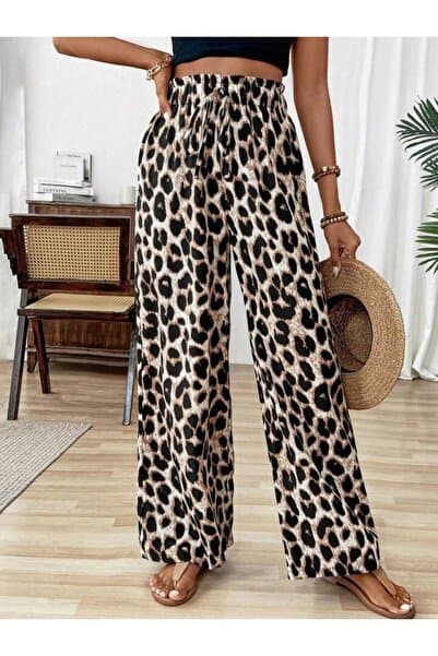 trendgar kadın leopar desenli geniş paça pantolon
