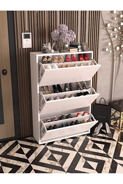 Skeche Düşer Kapak Ayakkabılık Raflı Ayakkabılık 3 Bölmeli Ayakkabılık Beyaz