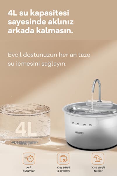 Whirtz Evcil Hayvan 4 Litre Akıllı Su Kabı - Uygulama üzeri kontrol, Wifi,