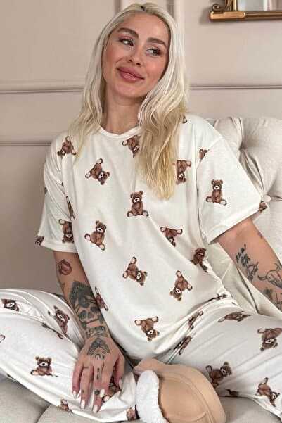 Pijamaevi Beige Teddy Desenli Bambu Kısa Kol Kadın Pijama Takımı