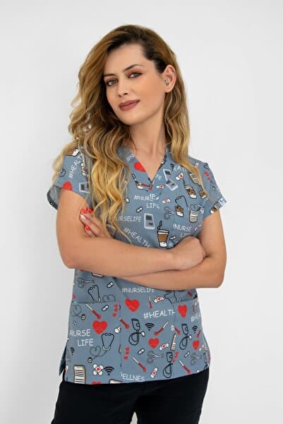 Nur Medikal Giyim Unisex Gri Nurse Life Desenli Likralı Cerrahi Hemşire Scrubs Üst Forma