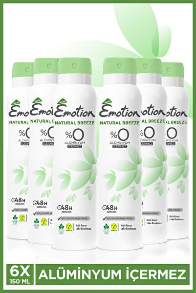 Emotion Natural Breeze Kadın Alüminyumsuz Vegan Deodorant 6x150ml Hızlı Kurur, Leke Bırakmaz