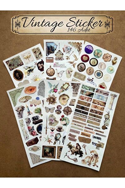 hdsticker 146 Adet Vintage Temalı Sticker Seti Planner Ajanda Art Laptop Tablet Telefon Bullet Journal Etiket