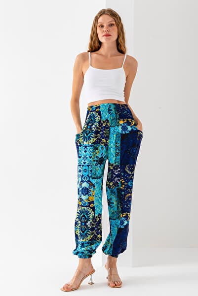 GİYSA Mavi Etnik Desenli Kadın Şalvar Yoga Pantolonu %100 Viskon Çift Cepli - 2460