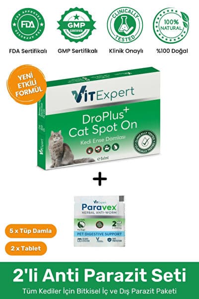 2'li Set Kedi Iç Dış Anti Parazit Tüm Kediler Için Bitkisel 5 Damla Ve 2 Tablet Paketi