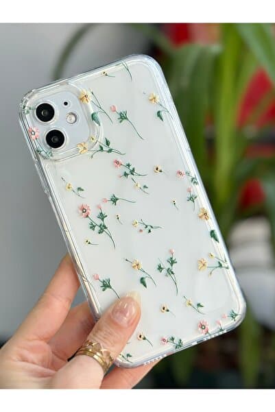 Go Aksesuar Iphone 11 Uyumlu Krem Çiçek Desenli Kameralar Korumalı Kılıf