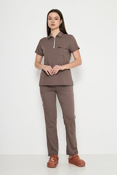 Class Üniforma Polo Yaka Kahverengi Kadın Medikal Üniforma Scrubs