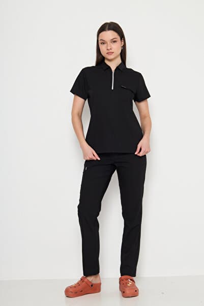 Class Üniforma Polo Yaka Siyah Kadın Medikal Üniforma Scrubs