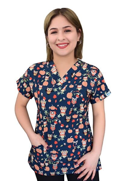 Nur Medikal Giyim Unisex Lacivert Kabaklı Baykuş Desenli Hastane Doktor Hemşire Forması Üst Scrubs