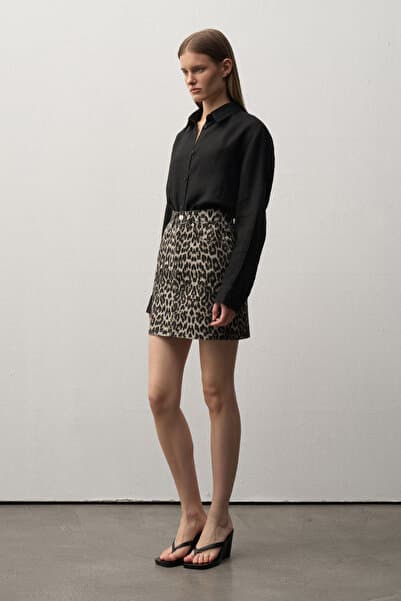 Mathilda Store Leopar Desenli Denim Mini Etek