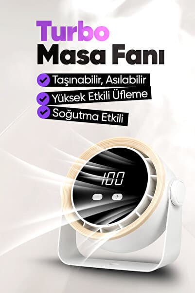 Şarjlı Turbo Masa Fanı Duvara Monte Edilebilir, Yüksek Üfleme Gücü, 5 Kademe Ayarlanabilir Hız