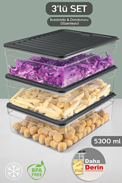 3'lü Derin Mikrodalga Uyumlu Organizer Set Düzenleyici Gıda Erzak Saklama Kabı 5300ml Antrasit