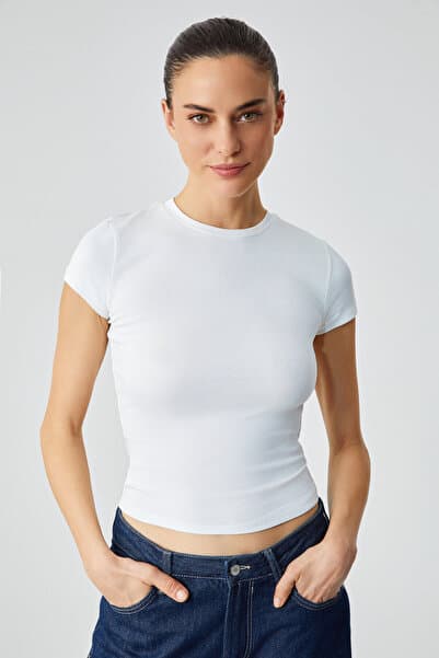 GRIMELANGE HOPEWELL Kadın Yuvarlak Yaka Örme Slim Fit Beyaz T-Shirt