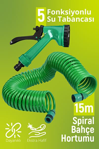 Blooma Spiral Hortum 15 mt. Uzayan Bahçe / Balkon / Sulama Hortumu ve 5 Kademeli Su Tabanca Seti