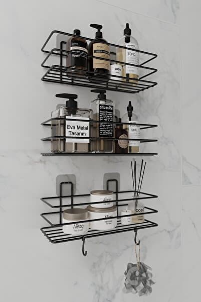 3'lü Set Yapışkanlı 2 Kancalı Paslanmaz Banyo Rafı Mat Siyah Banyo Şampuanlık Duşakabin Duş Askısı