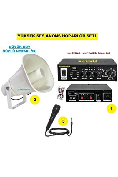 Genel Markalar Yüksek Ses Anons Hoparlör Seti (Büyük Boy Hoparlör - Mikrofon - USB - SD Kart Girişli Mobil Amfi)