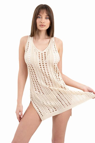 Wearified Pareo Triko Plaj Elbisesi Sahil Kıyafeti Bikini Üstü Cover Up Ajurlu Elbise Gece Elbisesi