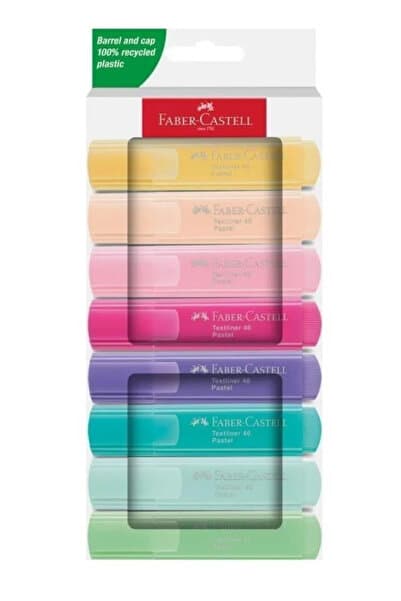 Faber Castell Fosforlu Kalem Seti 8'li, Pastel Renkler, 3 Farklı Çizgi Kalınlığı, Daha Parıltılı Yeni Formül