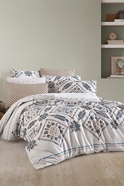 EVA Vintage Desenli Çift Kişilik, Çarşafı Lastikli, Nevresim Takımı (4 Yastık Kılıflı)