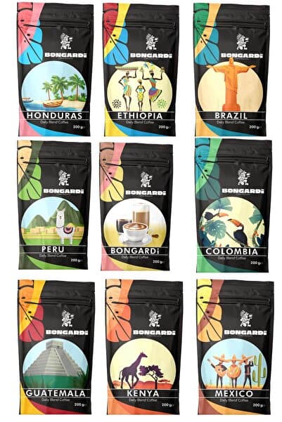 Bongardi Coffee Yöresel Blend Kahve Seti 9x200g Colombia Guatemala Brezilya(ÇEKİRDEK VEYA ÖĞÜTÜLMÜŞ SEÇİLEBİLİR)