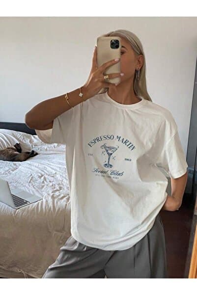 kealvi KEALVİ Kadın beyaz Espresso Martın baskılı T-shirt- Bisiklet yaka