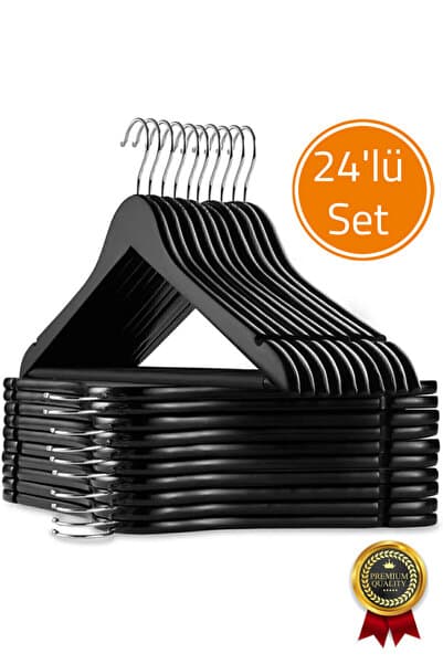 24 Adet Ahşap Görünümlü Plastik A Kalite 24 Adet Siyah Askı Pantolon Gömlek Askı