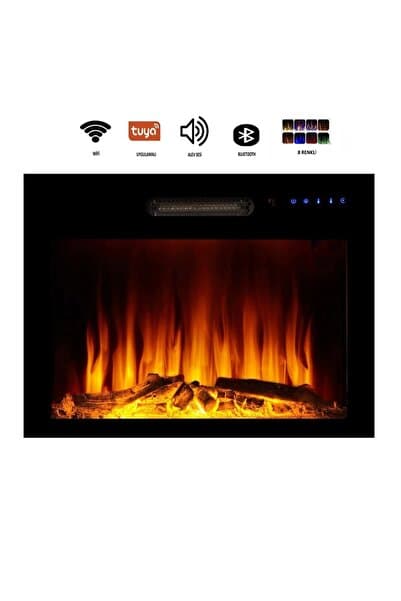 tek tes şömine Dekoratif 70 Cm 8 Renkli, Alev Sesli, Bluetoothlu, Wifili Elektrikli Şömine Isıtıcı