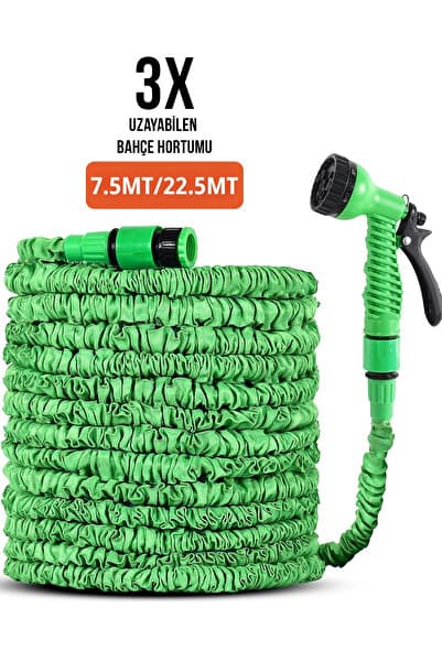 ALFAGİFT 3 Kat Uzayan 7.5 Metre- 22.5 Metre Bahçe Sulama Hortumu-7 Fonksiyonlu Sprey Başlık Seti