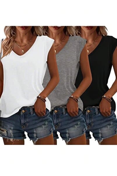 mercoledi Kadın 3 Renk V Yaka Kolsuz Oversize Salas Boyfriend T-shirt Set