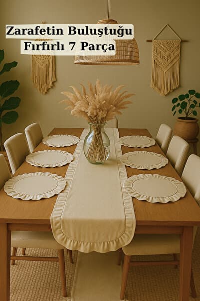 Fırfırlı Keten Runner & 6'lı Fıfırlı Supla Seti - 7 Parça Çeyiz Seti