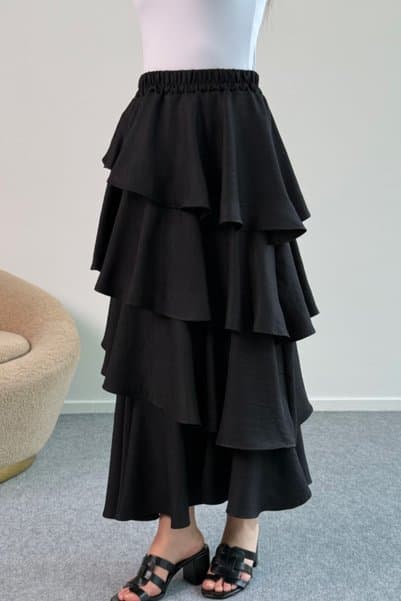 Hatun Atila Filamlı Keten Kumaş Fırfırlı Etek 5193 Siyah