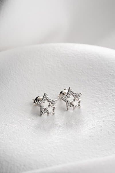 925 Ayar Gümüş Bereketi Rodyumlu Zirkon Taşlı Çift Yıldız Model Küpe