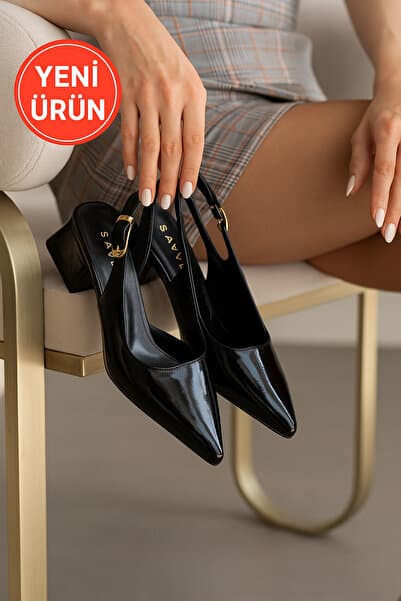 Savves Kadın Siyah Rugan Bantlı Yeni Sezon Kısa Topuklu Ayakkabı
