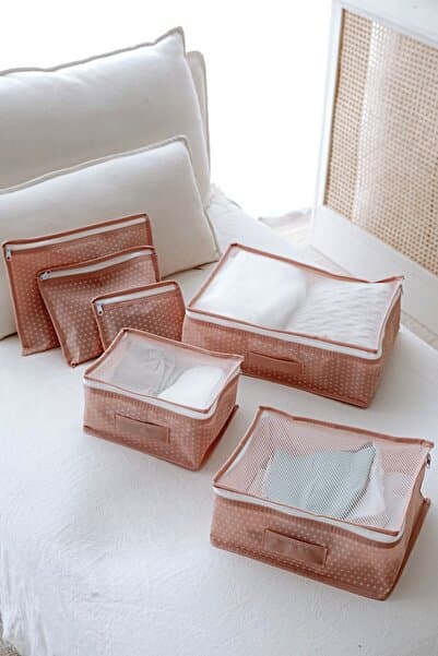 6'lı Valiz Düzenleyici Bavul Içi Organizer Set Seyahat Hurcu Pembe Puantiyeli