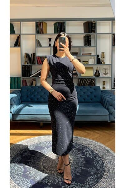 Nida Boutique Sıfır Kol Vatkalı Taşlı Krep Elbise
