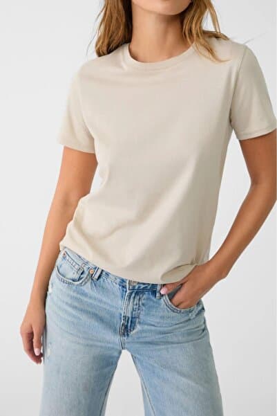 Tight Lady %100 Pamuk süper kalite kadın tişört düz renk bej bisiklet yaka organik pamuk penye t-shirt
