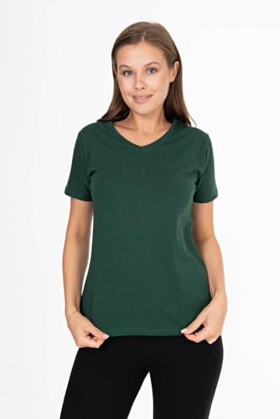 Tight Lady %100 Pamuk Süper Kalite Zümrüt Yeşili V Yaka Kadın Basic Tişört Örme Pamuk Penye T-shirt