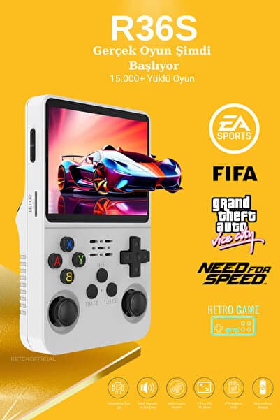 KETENOFFİCİAL R36S Retro Oyun Konsolu 15.000+ Konsol Oyunu Yeni Nesil El Atarisi 64 Gb Hd Ekran Beyaz