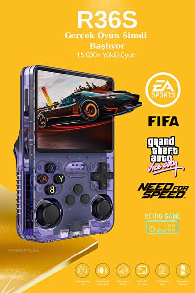 KETENOFFİCİAL R36S Retro Oyun Konsolu 15.000+ Konsol Oyunu Yeni Nesil El Atarisi 64 Gb Hd Ekran Mor