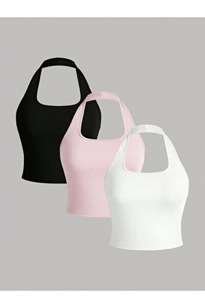 Kadın Çapraz Kolsuz 3 LÜ Adet Fitilli Crop Basıc Atlet Bluz