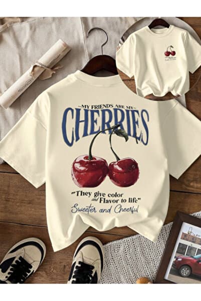 Framgan Unisex Erkek/Kadın CHERRIES Özel Baskılı Oversize Pamuklu Bisiklet Yaka T-Shirt