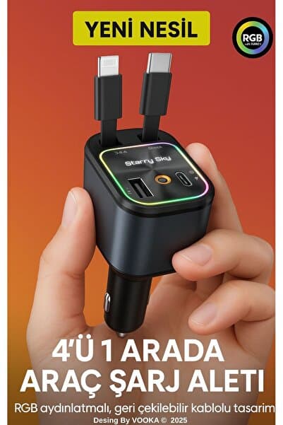 VOOKA 66W Araç Şarj Adaptörü – Type-C + Lightning Makaralı Kablo, USB + Type-C Girişli, Hızlı Şarjlı