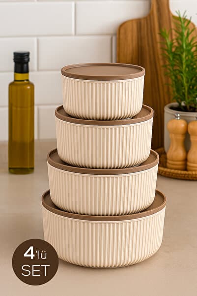 Vienev 4'lü Yuvarlak Saklama Kabı Seti Çizgili Bej | 2.5l 1.5l 0.80l 0.45l | Mikrodalga Ve Dondurucu Uyumlu