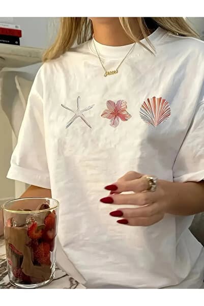 uyguntarz Unisex İstiridye Kabuk Tasarım Basklı Tshirt
